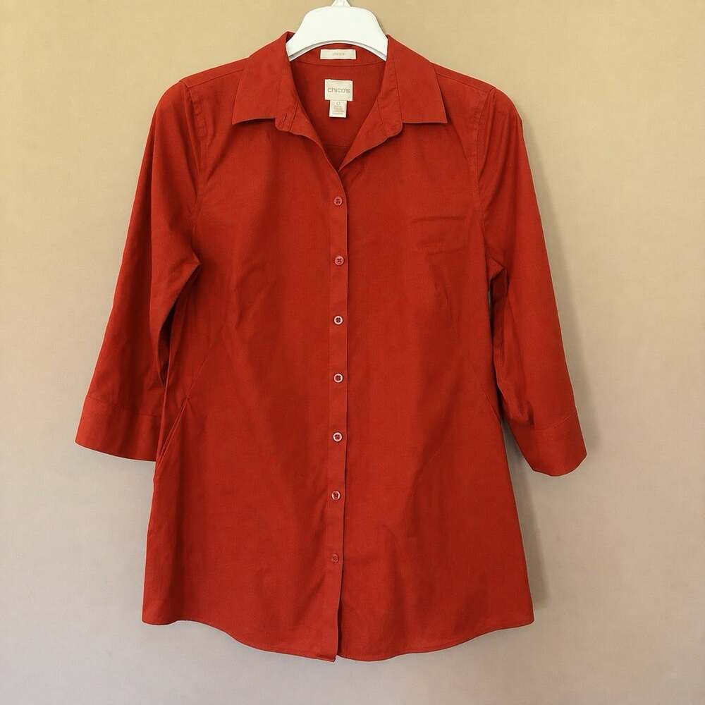 Chicos S (0) No Iron Button Shirt Pockets Rust Terracotta Career Preppy Minimali - Picture 2 of 7
